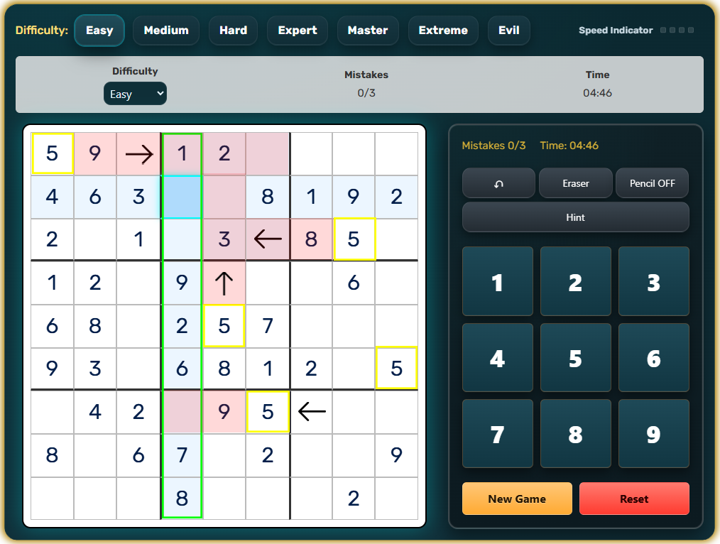 Sudoku Hidden Singles Technique located in a column