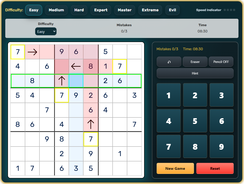 Sudoku Hidden Singles Technique located in a row