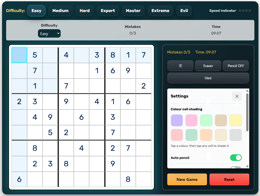 Sudoku4Adults desktop Sudoku game interface (dark mode)